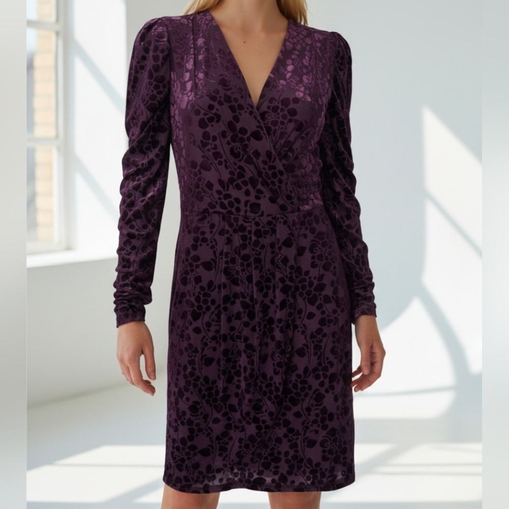 Tommy Hilfiger Dark Purple Floral Velvet Long Sleeve Dress Multiple Sizes
